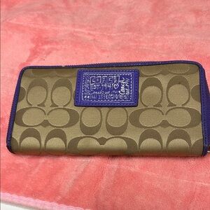Coach Khaki Signature Zip Wallet with Purple Trim